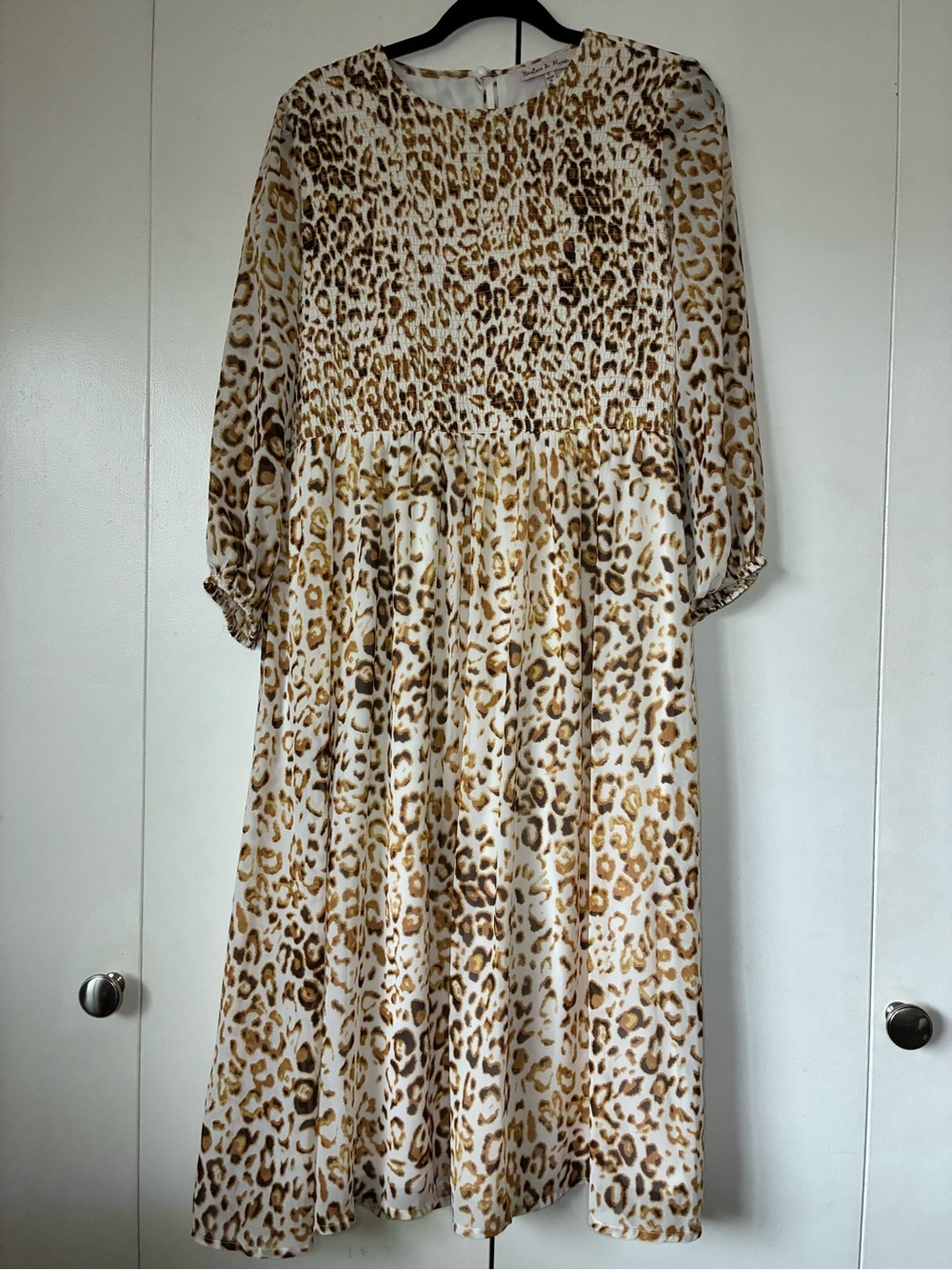 Leopard Print Long Sleeve Midi Dress - White & Brown